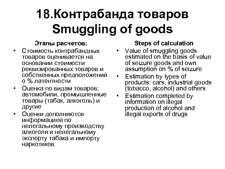 18. Контрабанда товаров Smuggling of goods Этапы расчетов: • Стоимость контрабандных товаров оценивается на