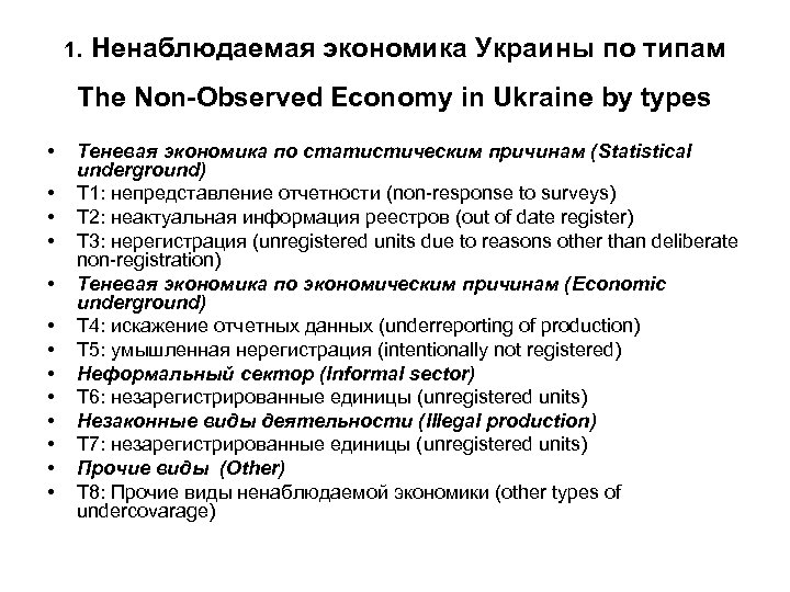 1. Ненаблюдаемая экономика Украины по типам The Non-Observed Economy in Ukraine by types •