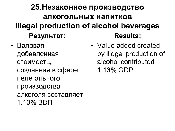 25. Незаконное производство алкогольных напитков Illegal production of alcohol beverages Результат: • Валовая добавленная