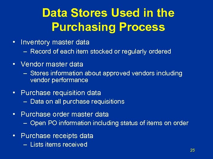 Data Stores Used in the Purchasing Process • Inventory master data – Record of