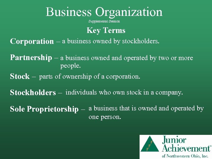 Business Organization Supplemental Session Key Terms Corporation – a business owned by stockholders. Partnership