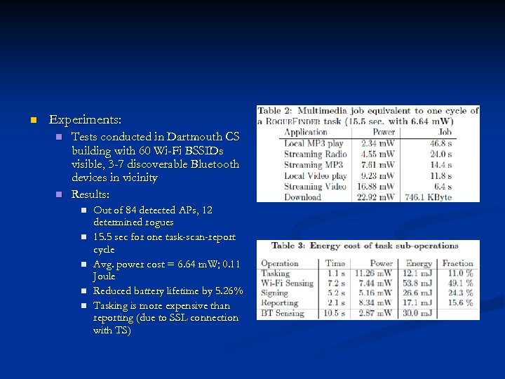 n Experiments: n n Tests conducted in Dartmouth CS building with 60 Wi-Fi BSSIDs