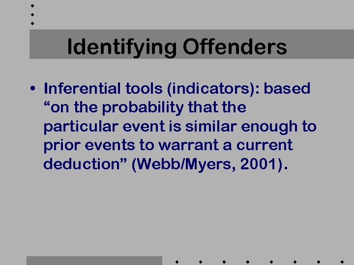 Identifying Offenders • Inferential tools (indicators): based “on the probability that the particular event