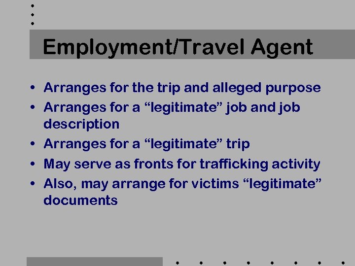 Employment/Travel Agent • Arranges for the trip and alleged purpose • Arranges for a