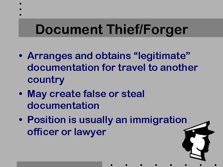 Document Thief/Forger • Arranges and obtains “legitimate” documentation for travel to another country •