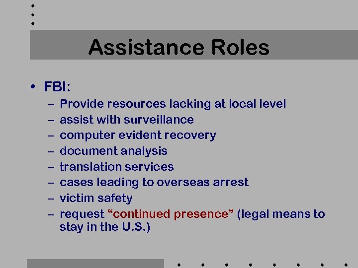 Assistance Roles • FBI: – – – – Provide resources lacking at local level