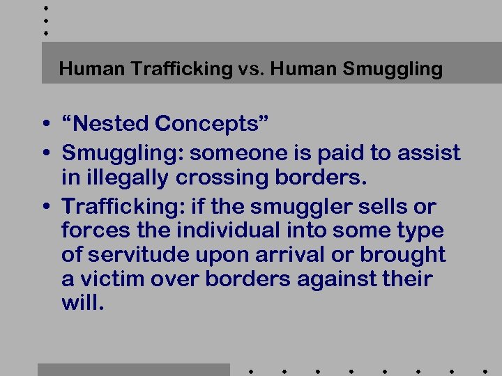 Human Trafficking vs. Human Smuggling • “Nested Concepts” • Smuggling: someone is paid to