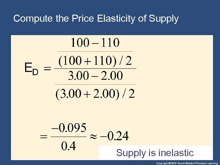 Compute the Price Elasticity of Supply is inelastic Copyright © 2004 South-Western/Thomson Learning 