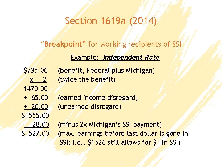 Section 1619 a (2014) “Breakpoint” for working recipients of SSI Example: Independent Rate $735.