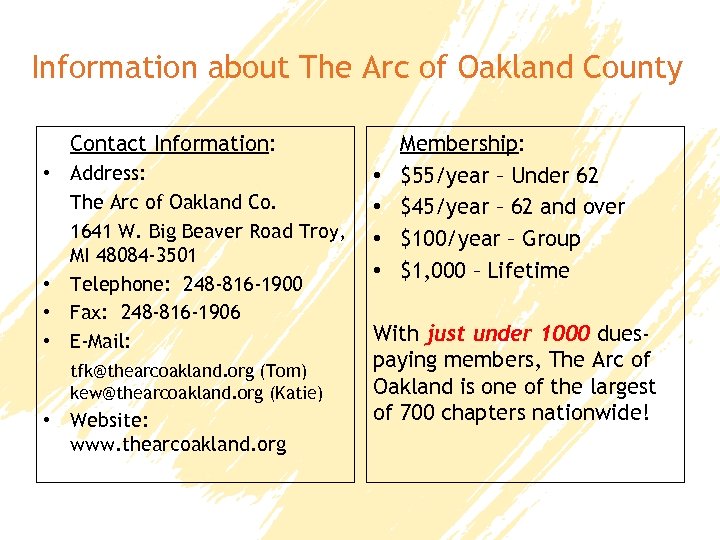 Information about The Arc of Oakland County Contact Information: • Address: The Arc of