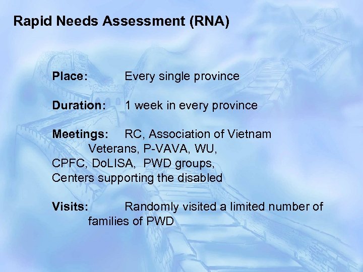 Rapid Needs Assessment (RNA) Place: Every single province Duration: 1 week in every province