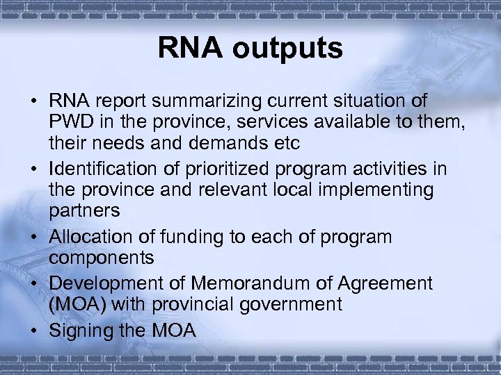 RNA outputs • RNA report summarizing current situation of PWD in the province, services