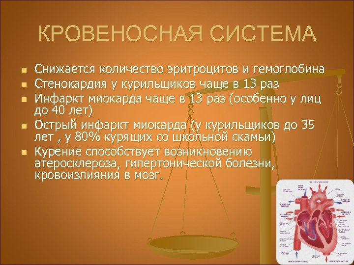 КРОВЕНОСНАЯ СИСТЕМА n n n Снижается количество эритроцитов и гемоглобина Стенокардия у курильщиков чаще