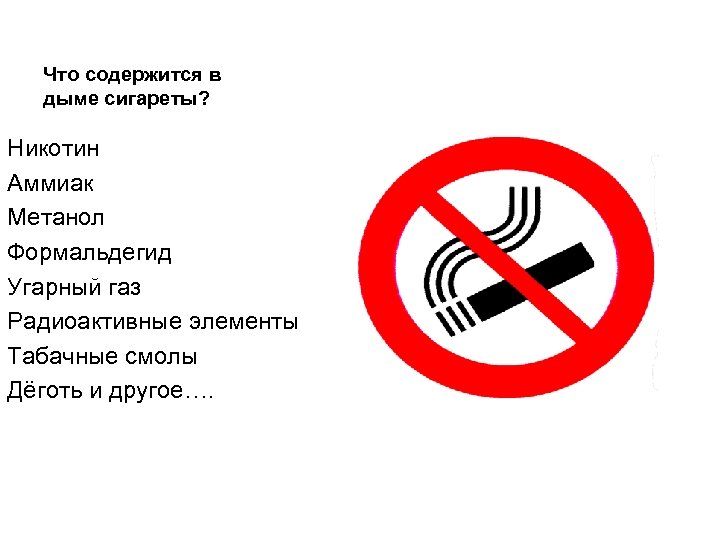 Что содержится в дыме сигареты? Никотин Аммиак Метанол Формальдегид Угарный газ Радиоактивные элементы Табачные