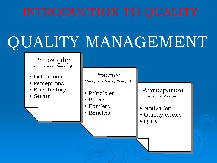 INTRODUCTION TO QUALITY MANAGEMENT Philosophy (the power of thinking) • • Definitions Perceptions Brief