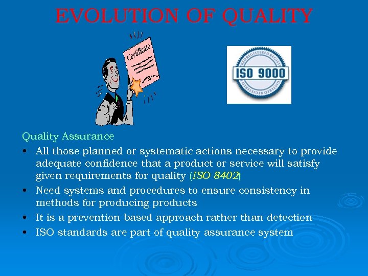 EVOLUTION OF QUALITY Quality Assurance • All those planned or systematic actions necessary to