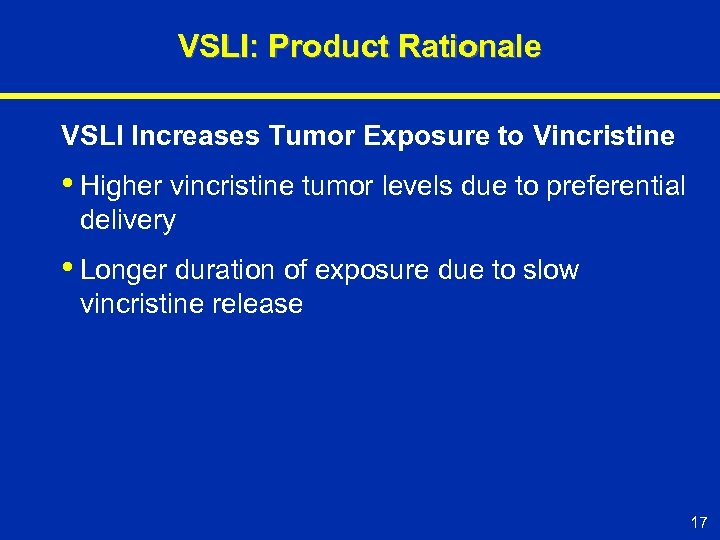 VSLI: Product Rationale VSLI Increases Tumor Exposure to Vincristine • Higher vincristine tumor levels