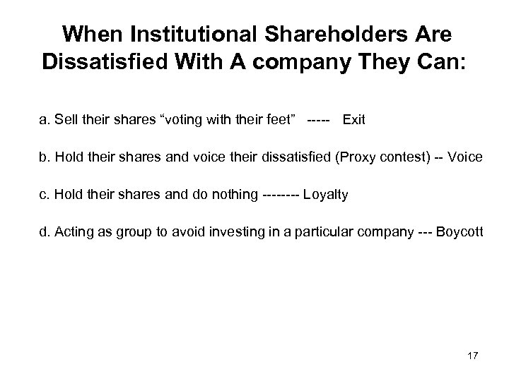 When Institutional Shareholders Are Dissatisfied With A company They Can: a. Sell their shares