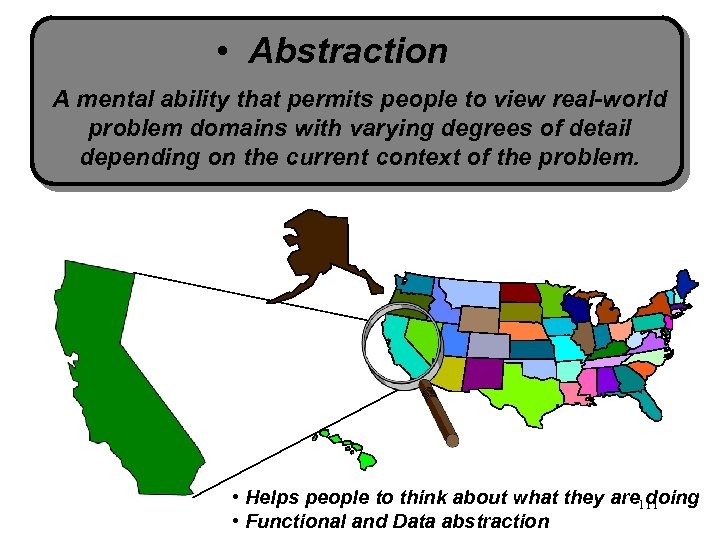  • Abstraction A mental ability that permits people to view real-world problem domains