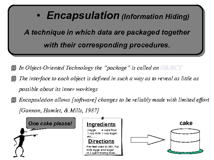  • Encapsulation (Information Hiding) A technique in which data are packaged together with