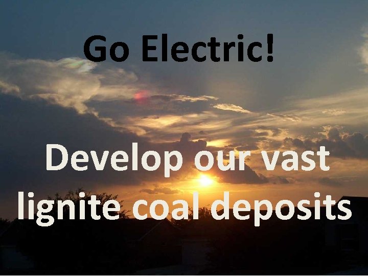 Go Electric! Develop our vast lignite coal deposits 