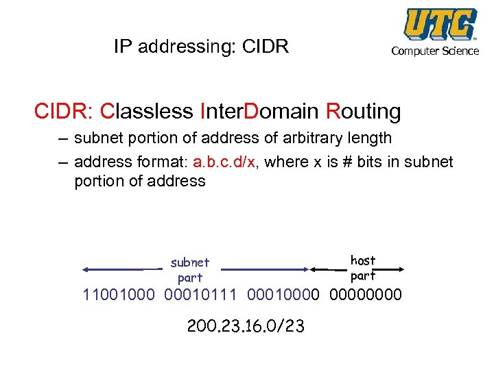 IP addressing: CIDR Computer Science CIDR: Classless Inter. Domain Routing – subnet portion of