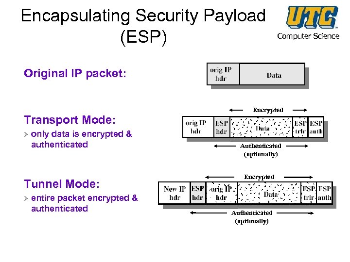 Encapsulating Security Payload (ESP) Computer Science Original IP packet: Transport Mode: Ø only data