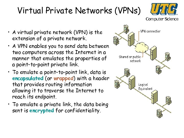 Virtual Private Networks (VPNs) Computer Science • A virtual private network (VPN) is the