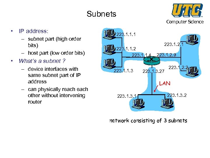 Subnets Computer Science • IP address: – subnet part (high order bits) – host