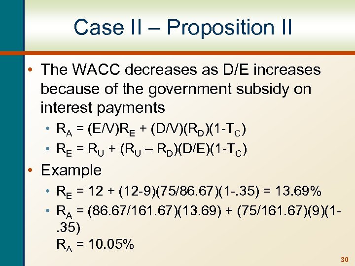 Case II – Proposition II • The WACC decreases as D/E increases because of