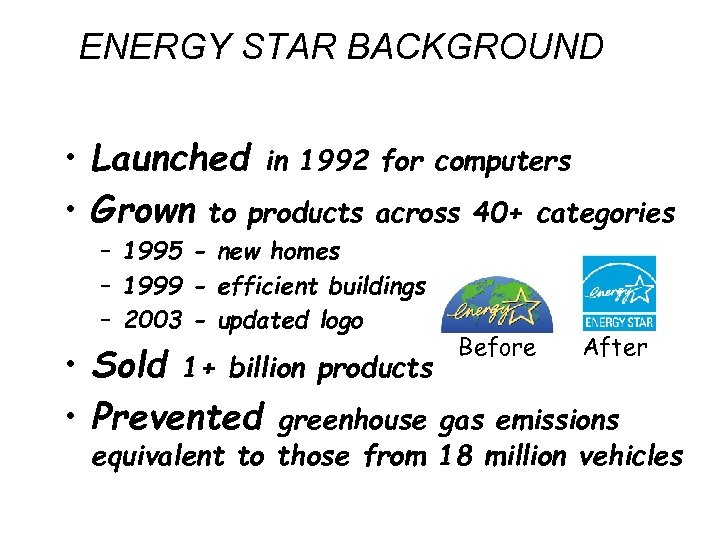 ENERGY STAR BACKGROUND • Launched in 1992 for computers • Grown to products across