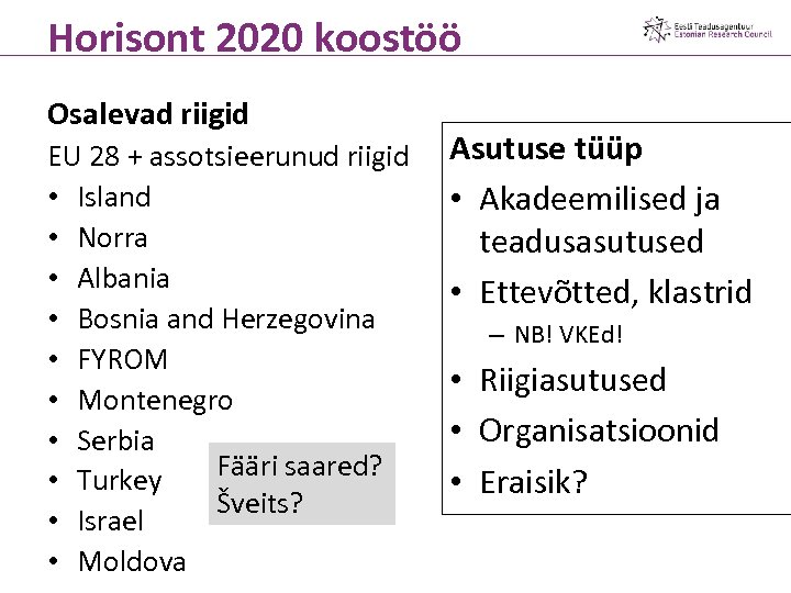 Horisont 2020 koostöö Osalevad riigid EU 28 + assotsieerunud riigid • Island • Norra