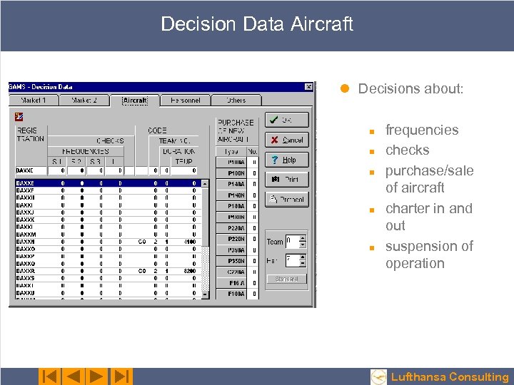 Decision Data Aircraft l Decisions about: n n n frequencies checks purchase/sale of aircraft