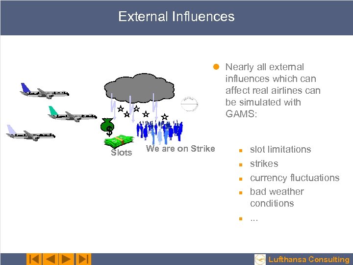External Influences l Nearly all external influences which can affect real airlines can be