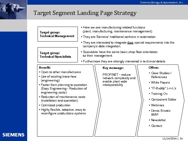 Siemens Energy & Automation, Inc. Target Segment Landing Page Strategy Target group: Technical Management