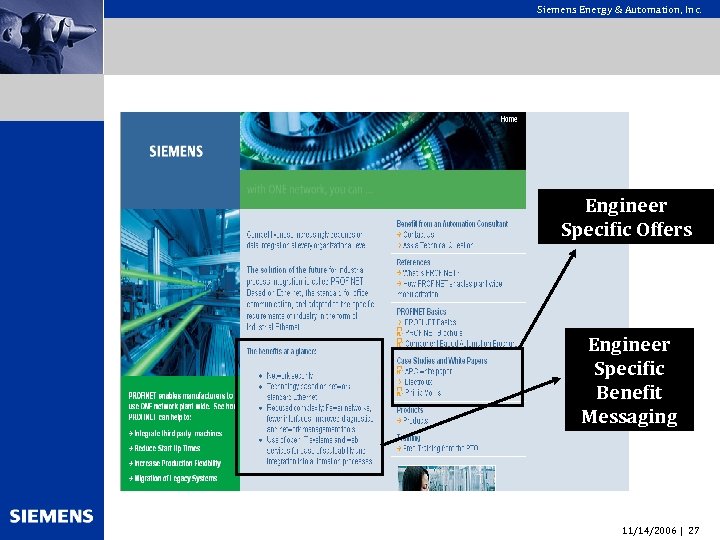 Siemens Energy & Automation, Inc. Engineer Specific Offers Engineer Specific Benefit Messaging 11/14/2006 |