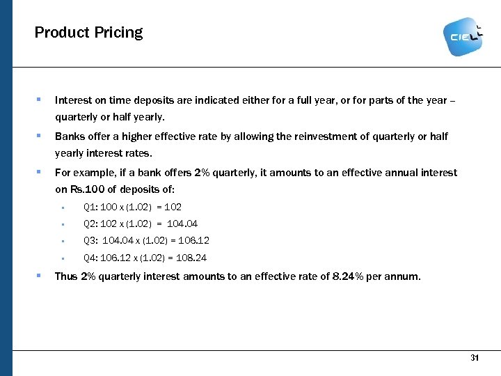 Product Pricing § Interest on time deposits are indicated either for a full year,