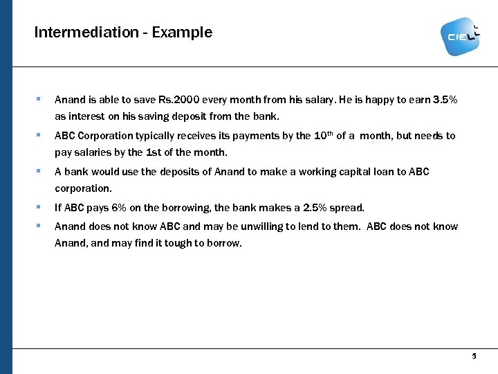 Intermediation - Example § Anand is able to save Rs. 2000 every month from
