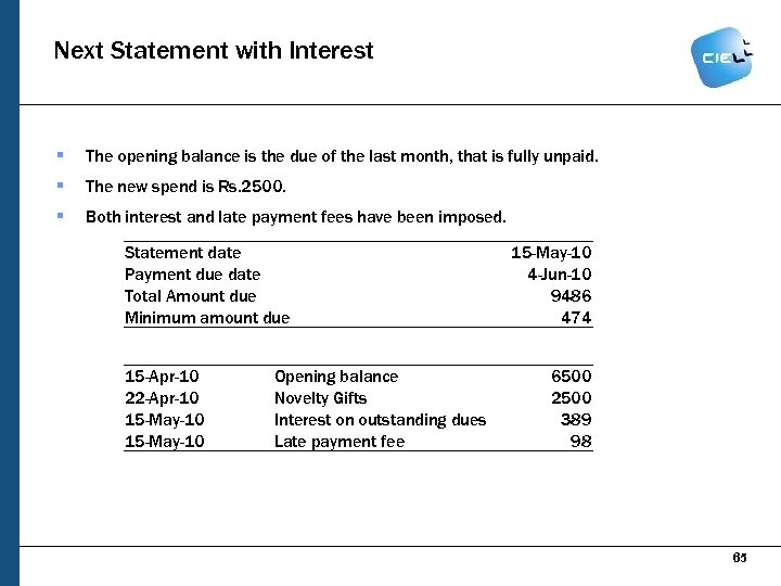 Next Statement with Interest § The opening balance is the due of the last