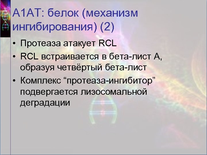 А 1 АТ: белок (механизм ингибирования) (2) • Протеаза атакует RCL • RCL встраивается