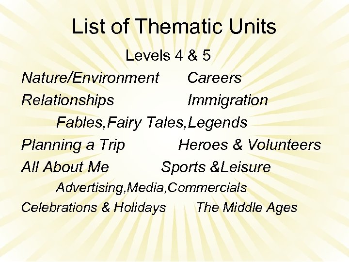 List of Thematic Units Levels 4 & 5 Nature/Environment Careers Relationships Immigration Fables, Fairy