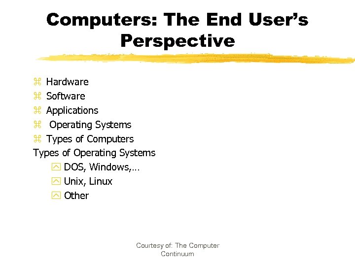 Computers: The End User’s Perspective z Hardware z Software z Applications z Operating Systems