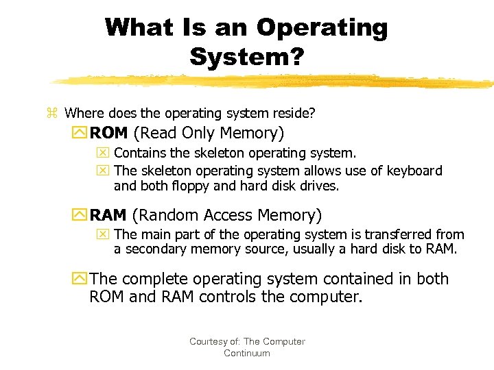 What Is an Operating System? z Where does the operating system reside? y ROM