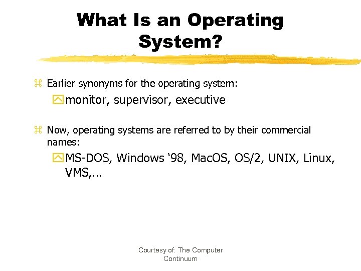 What Is an Operating System? z Earlier synonyms for the operating system: y monitor,