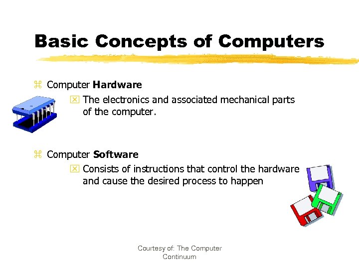 Basic Concepts of Computers z Computer Hardware x The electronics and associated mechanical parts