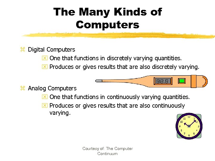 The Many Kinds of Computers z Digital Computers x One that functions in discretely