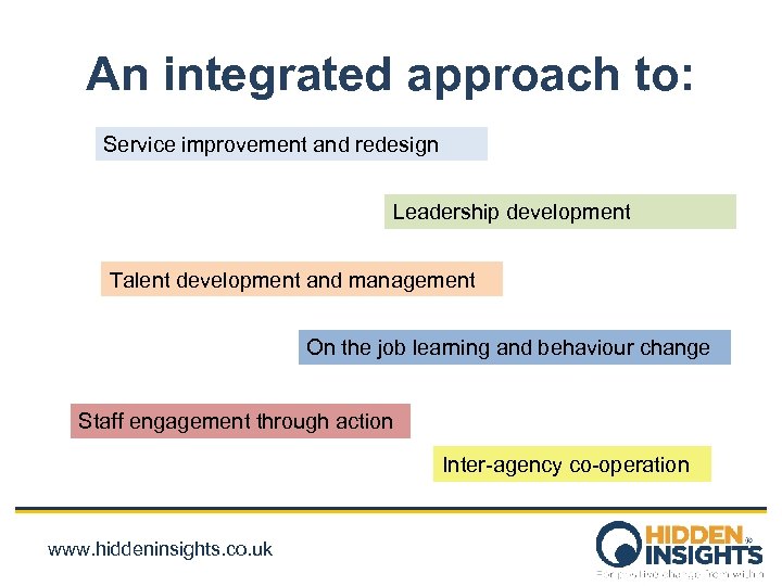 An integrated approach to: Service improvement and redesign Leadership development Talent development and management