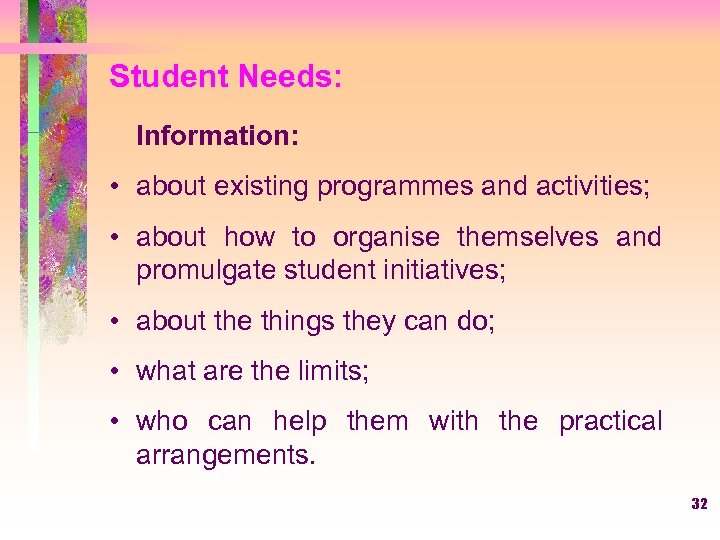 Student Needs: Information: • about existing programmes and activities; • about how to organise