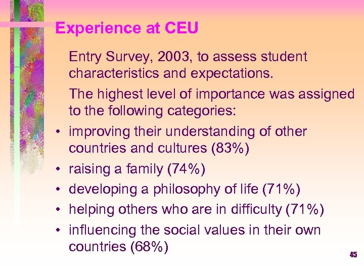 Experience at CEU • • • Entry Survey, 2003, to assess student characteristics and