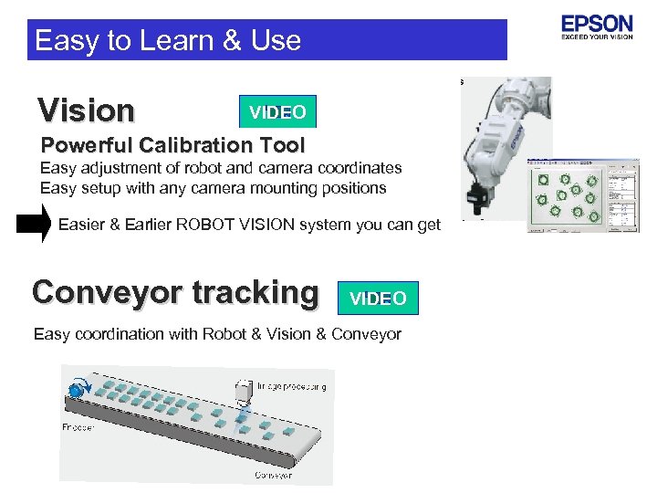 Easy to Learn & Use Vision VIDEO Powerful Calibration Tool Easy adjustment of robot